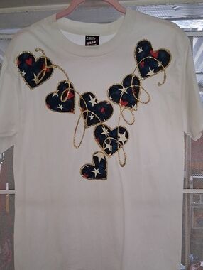 4TH OF JULY FUN Fruit of the Loom White Navy Star & Red Heart Patch Hearts